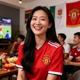 一位年轻中国女性球迷的头像照片，约28岁，长发披肩，身穿红色足球队球衣，笑容灿烂，背景是室内观赛聚会场景